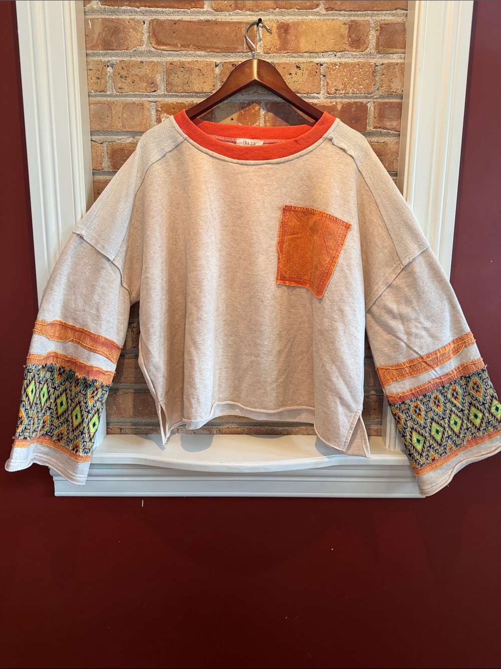 Oli & Hali Boxy Boho Top w/ Orange Accents & Patterned Bell Sleeves-NWOT-Size XL